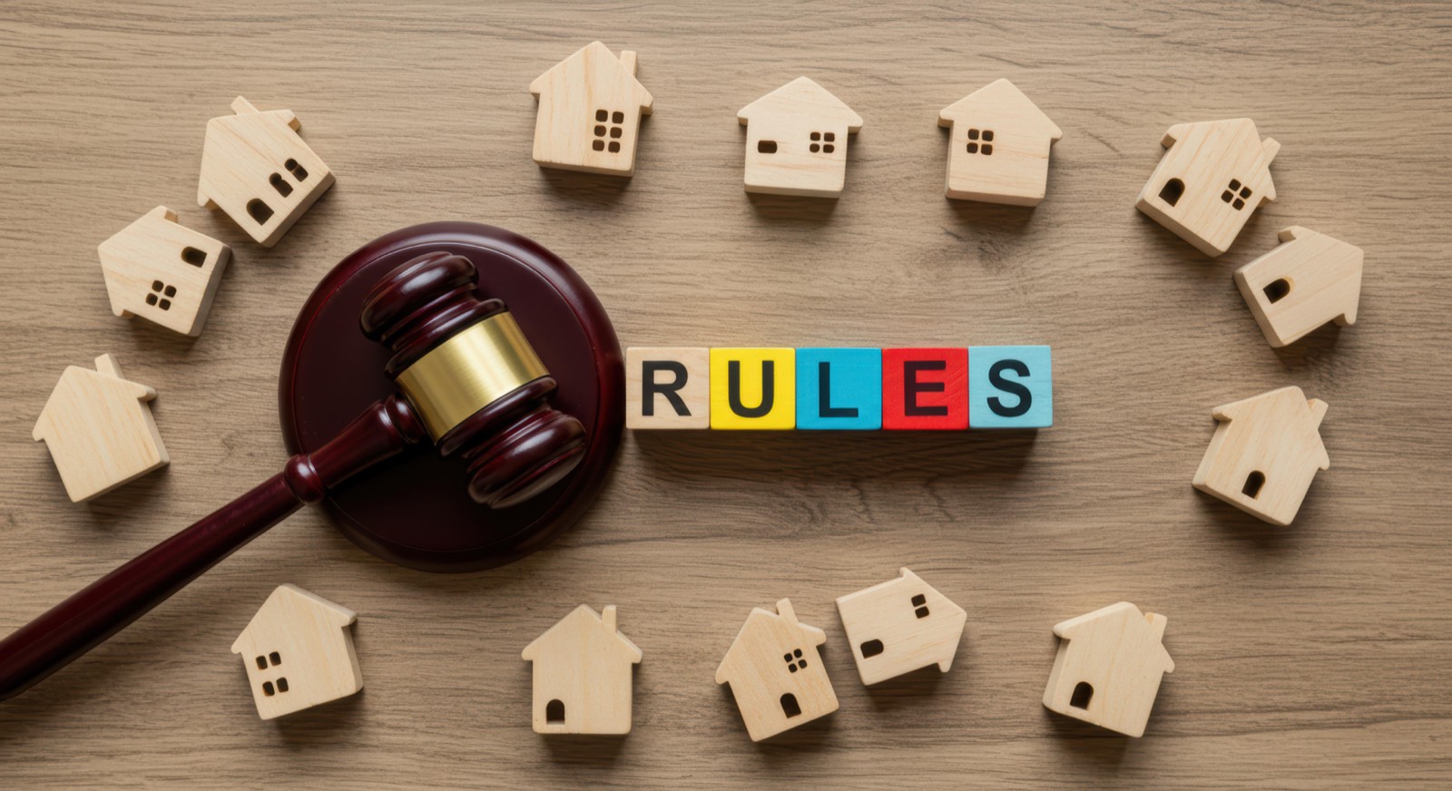 Gavel among colourful house blocks