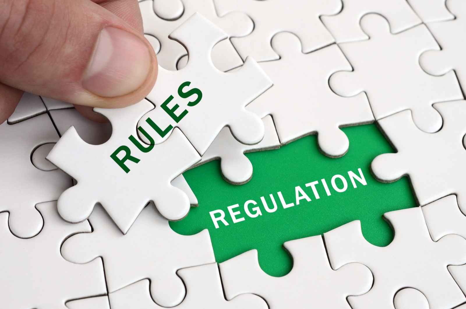 Puzzle pieces revealing the words rules and regulation