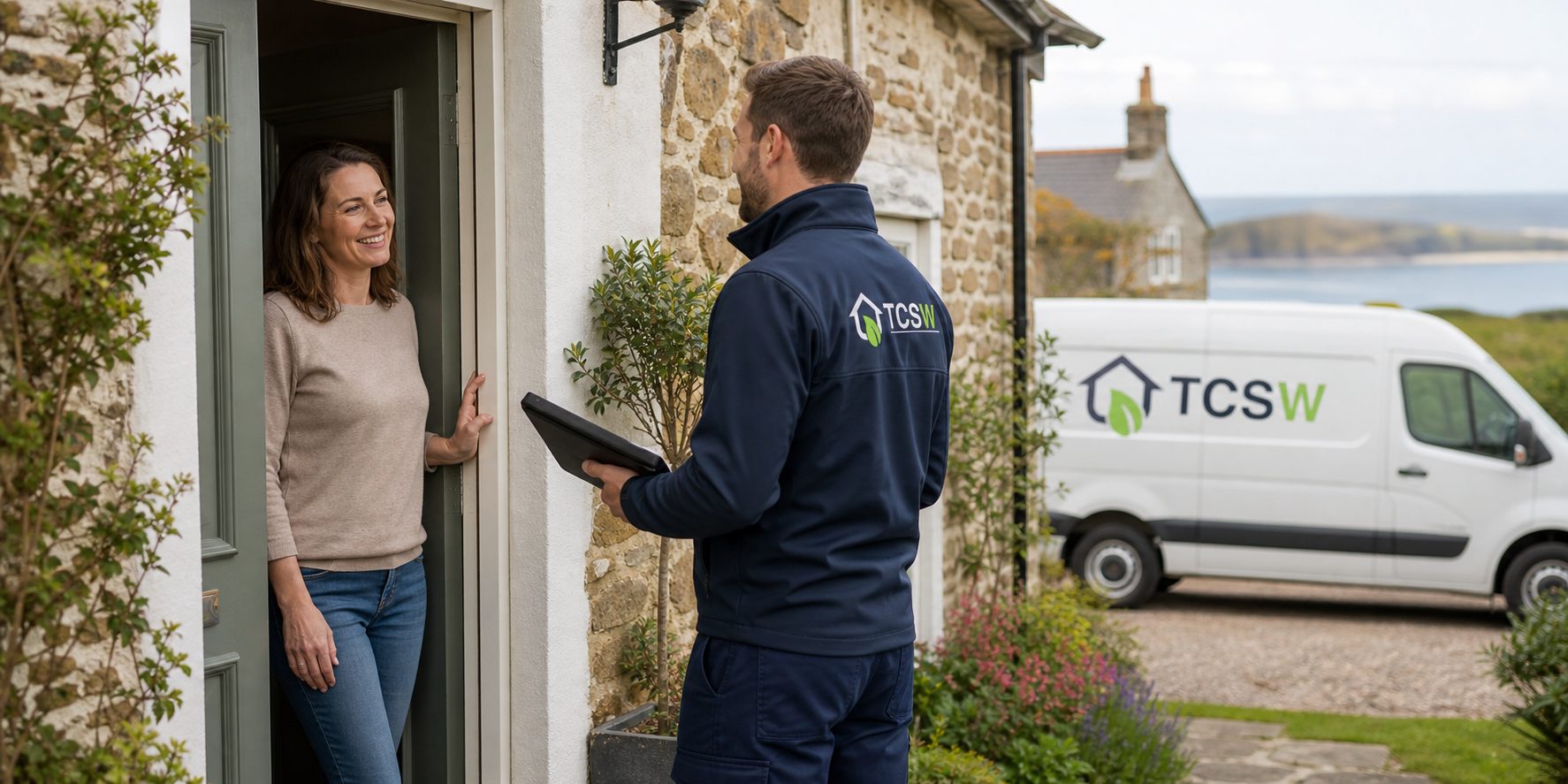 TCSW energy assessor discussing solar options with a homeowner at her Cornish cottage door