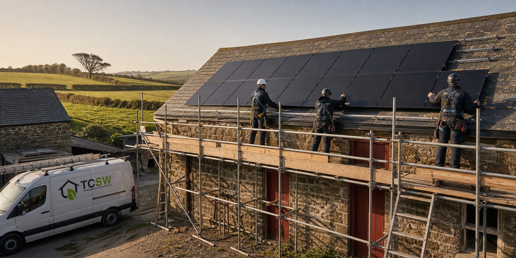 TCSW installers fitting solar panels to a Cornish stone farmhouse roof at golden hour