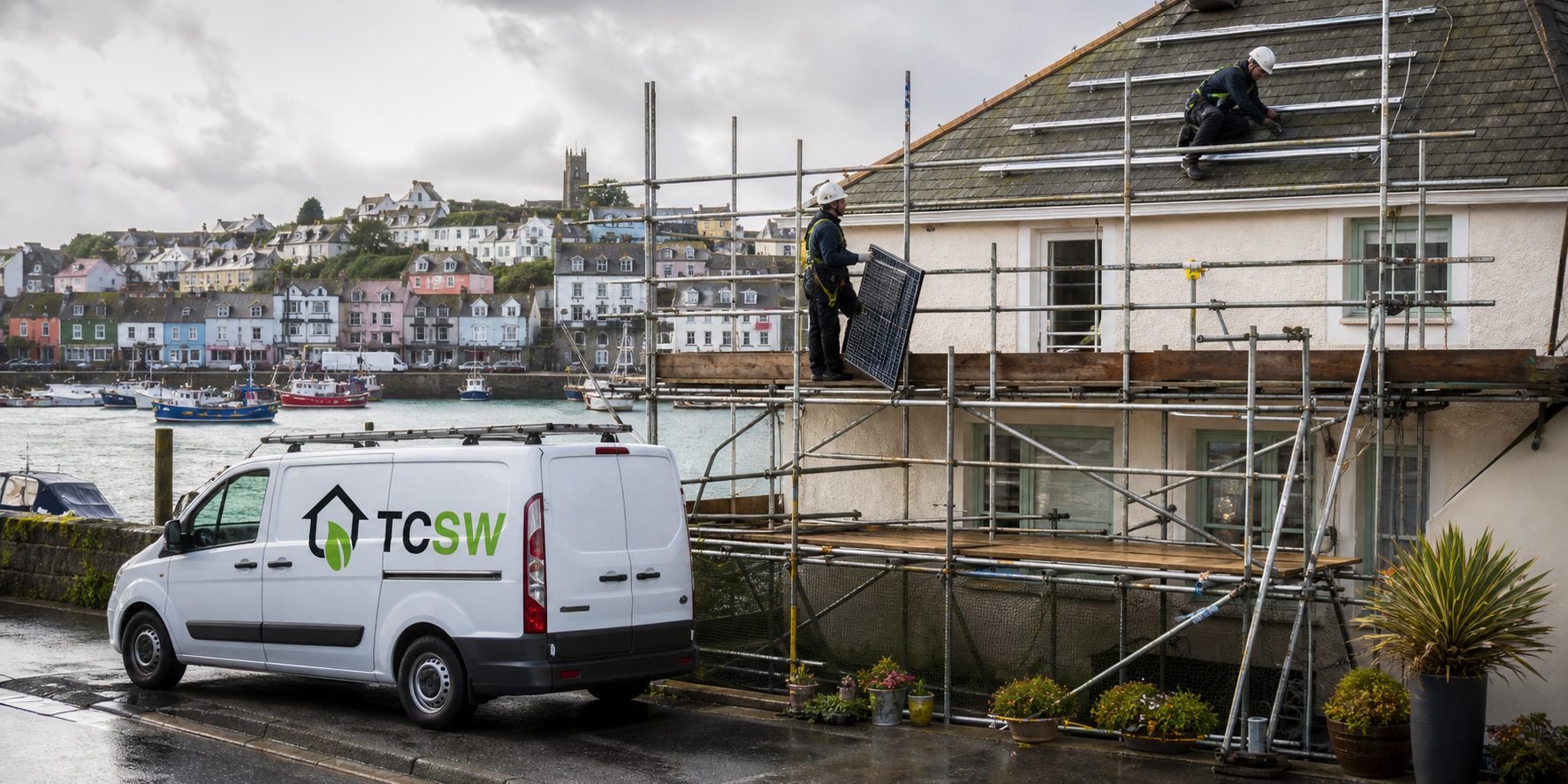 TCSW installers fitting solar panels to a harbourside cottage in a Cornish fishing town