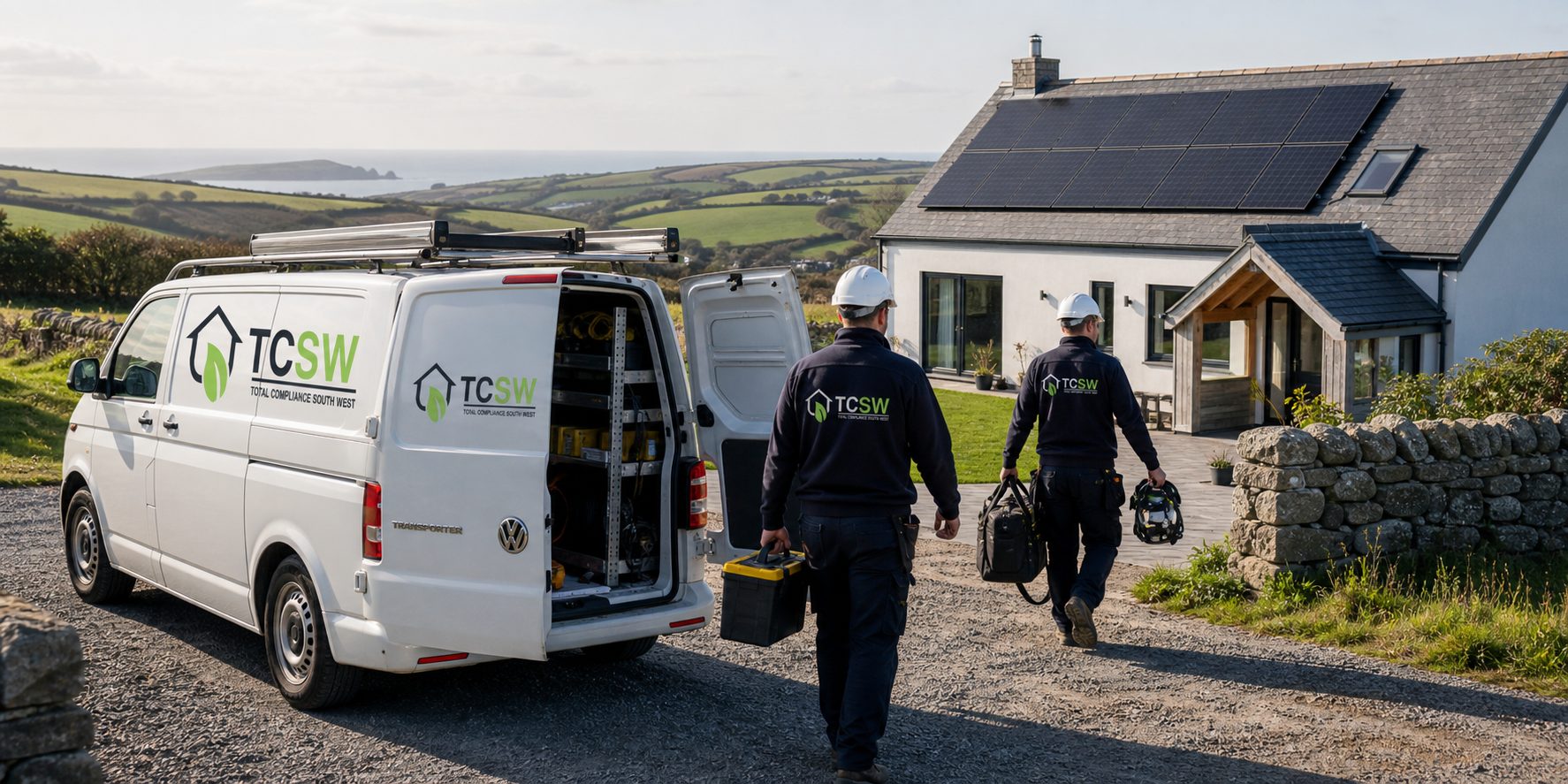 TCSW engineers arriving at a Cornish home fitted with rooftop solar panels
